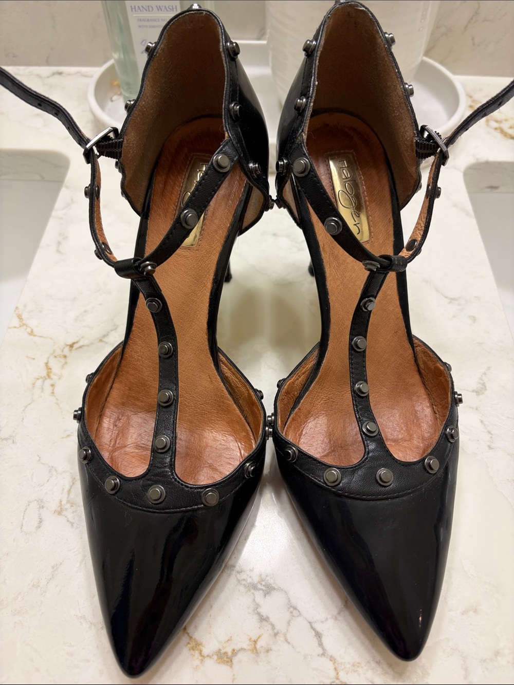 Halogen Black Patent T-Strap Studded Pointed Heels